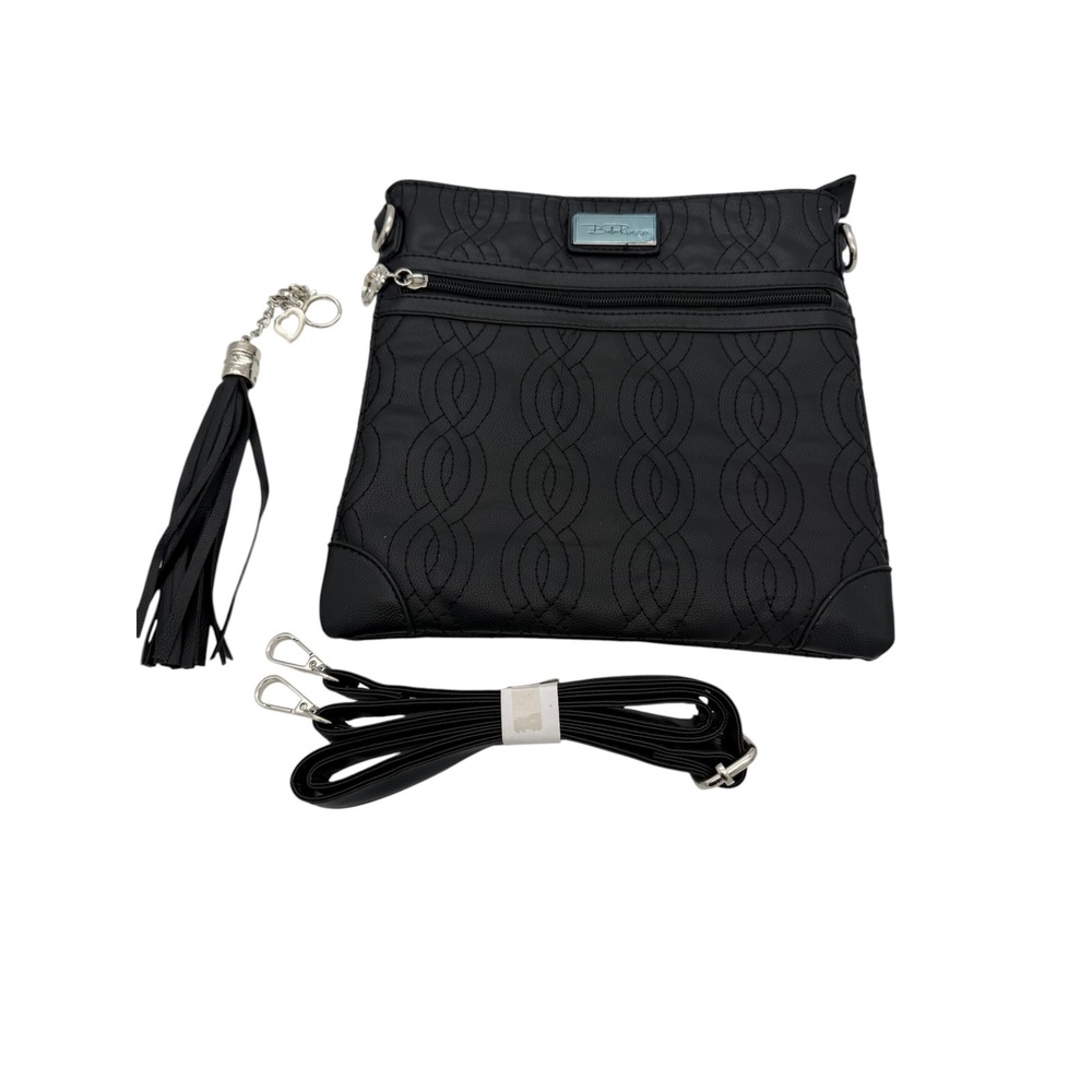 Bella Russo Black Faux Leather Embroidered Crossbody Bag with Tassel Heart Charm